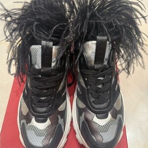 Valentino Garavani Feather-Trim Chunky Sneakers - Black & Silver